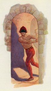 Den första av dem var naken från midjan och uppåt och bar en svart mask (färglitografi) av Harry George Theaker
