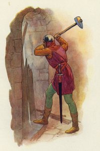 Hammaren svängde igen, och med ett andra kraschande slag bröt han dem en väg ut (färglitografi) av Harry George Theaker