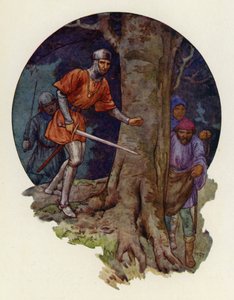 "Äntligen de laglösa!" ropade sheriffen och med draget svärd sprang han till platsen där figurerna hade försvunnit (färglitografi) av Harry George Theaker