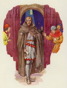 Palmer kastade tillbaka sin kåpa, och hans mantel öppnade sig och visade honom i full rustning (färglitografi) av Harry George Theaker