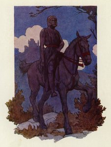Den märklige riddaren kom emot dem, ridande på en stor svart häst och beväpnad helt i svart (färglitografi) av Harry George Theaker