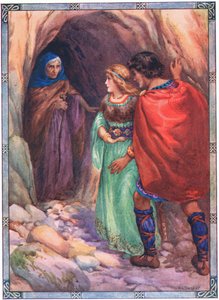 De kom till en grotta vid havet (från Diarmud och Grania) (färglitografi)
