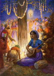 "De kom med kransar, lampor och musik" (färglitografi) av Harry George Theaker