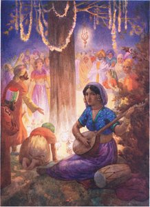De kom med kransar, lampor och musik. Från kungakolonnen, illustration från "Childrens Stories from Indian Legends", ca 1930-talet (färglitografi) av Harry George Theaker