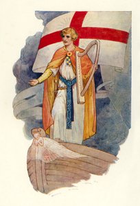 Under ett kors står en man och stirrar (färglitografi) av Harry George Theaker