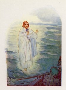 Fiskarna vandrade på det upprörda havet och såg Jesusgestalten (färglitografi) av Harry George Theaker