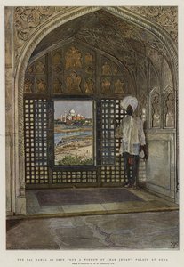 Taj Mahal sett från ett fönster i Shah Jehans palats i Agra