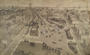 Brooklyn Plaza på Manhattan Bridge, ca 1917 (Indien bläck och tvätt vidrörd med ogenomskinlig vit)