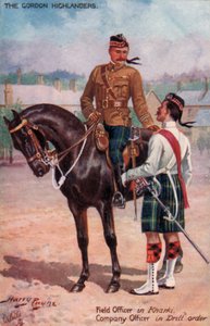 Gordon Highlanders, fältofficer i Kharki, kompaniofficer i borrordning (färg litho)