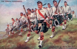 Gordon Highlanders, svärmar nerför kullen (färg litho)