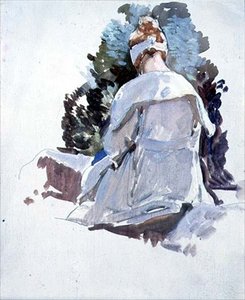 Kvinna i en vit klänning som sitter på stenar (olja på papper)