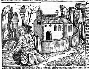 En pilgrim stannar till i ett kloster under sin resa efter Hartmann Schedels "Nürnbergkrönika" av Hartmann Schedel