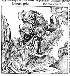 Elia reser sig i en eldvagn och lämnar sin egendom till Elisee. Hartmann Schedel: Krönika av Nürnberg. Nürnberg 1497 av Hartmann Schedel