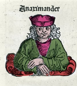 Representation av Anaximandros eller Anaximander De Miletus (610 - 547 f.Kr.), grekisk filosof, matematiker och astronom Xylography of "" Chronicles of Nuremberg"" av Hartmann Schedel