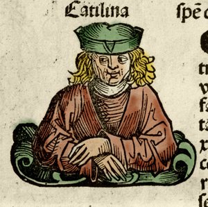 Representation av Catilina (Lucius Sergius Catilina) (108-62 f.Kr.), en romersk politiker som konspirerade mot senaten. Gravyr från "" Liber chronicarum"" av Hartmann Schedel