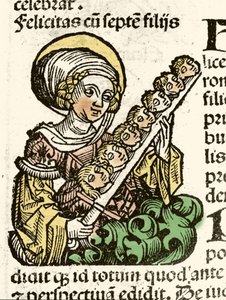 Representation av Saint Felicite, martyrskap i Rom med sina sju barns huvuden. xylografi av Hartmann Schedel "" Chronicles of Nuremberg""" 1493. av Hartmann Schedel