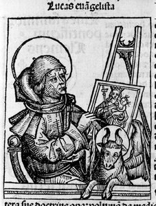 Representation av evangelisten Saint Luke. Gravyr från "Liber chronicarum" (Nürnbergskrönikor) av Hartmann Schedel 1493