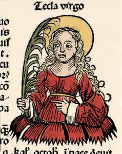 Representation of the Virgin and Martyrdom Thecle of Iconium (Santa Tecla) Xylography of "" Chronicles of Nürnberg""" av Hartmann Schedel av Hartmann Schedel