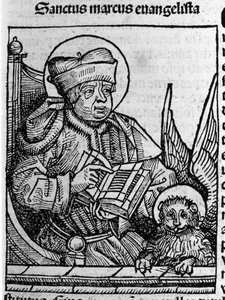 Representation av evangelisten Sankt Markus. Gravyr från "Liber chronicarum" (Nürnbergskrönikor) av Hartmann Schedel 1493 av Hartmann Schedel