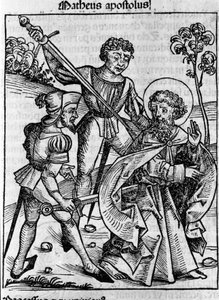 Representation av evangelisten Saint Matthew. Gravyr från "Liber chronicarum" (Nürnbergskrönikor) av Hartmann Schedel 1493 av Hartmann Schedel