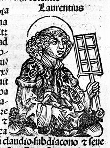 Saint Laurent håller grillen i sin hand, ett instrument för hans martyrskap. Gravyr från "Liber Chronicarum av Hartmann Schedel" av Hartmann Schedel