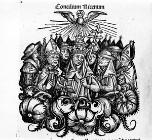 Konciliet i Nicea. Illustration av "" Universal Chronicles of Nuremberg"" av H. Schedel av Hartmann Schedel