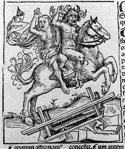 Kungen, häxan och Berkeley-paddan av William av Malmesbury "" Representation av Berkeley-häxan grävd upp ur kistan av demonerna""" Gravyr från Hartmann Schedel "" Liber chronicarum"" Nürnberg 1493