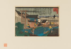 Träblockstryck - Regnbild på kita-shinchi i Osaka. Människor med paraplyer, 1800-talet
