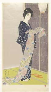 Ung kvinna i en sommarkimono Natsu yosoi no musume (titel på objekt) av Hashiguchi Goyô