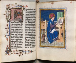 Evangelisk bok med evangelistporträtt: Dekorerad initial av Hausbuch Master
