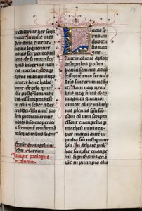 Evangeliebok med evangelistporträtt: Dekorerad initial, ca. 1480.