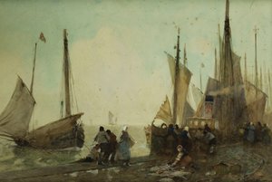 Lossar fiskebåtar på kajen, Bretagne, av Hector Caffieri