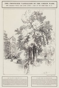 Den föreslagna vandalismen i Green Park, London (litho)