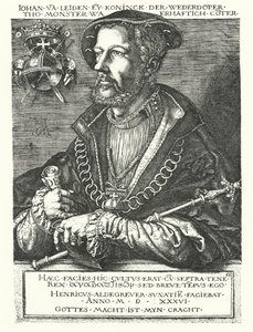 Johannes av Leiden, holländsk anabaptistledare och en av ledarna för Munsterupproret 1534-1535 (gravyr) av Heinrich (after) Aldegrever