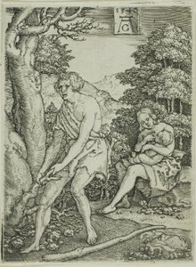 Adam och Eva på jobbet, från Berättelsen om Adam och Eva av Heinrich Aldegrever