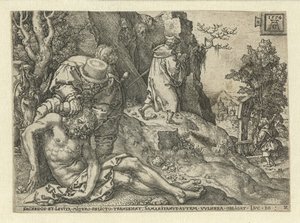 God samarit tar hand om såren Liknelsen om den barmhärtige samariten (serietitel) av Heinrich Aldegrever