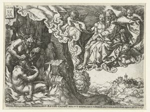 Den rike mannen i helvetet ser Abraham med Lasarus Liknelsen om Lasarus och den rike mannen (serietitel) av Heinrich Aldegrever