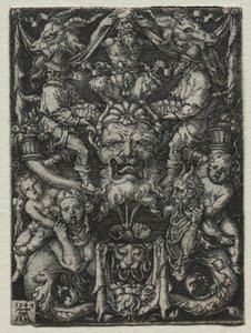 Prydnadsdesign med en mask, ett par tritoner och två barn nedanför, 1549. av Heinrich Aldegrever