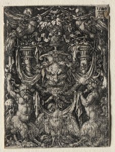 Ornamentdesign med en mask och en örn mellan två fauner nedan, 1509. av Heinrich Aldegrever