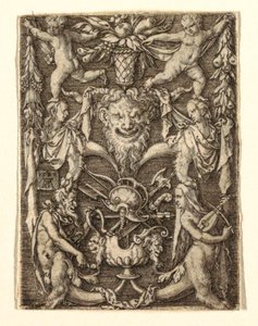 Prydnad med mask och groteska figurer av Heinrich Aldegrever