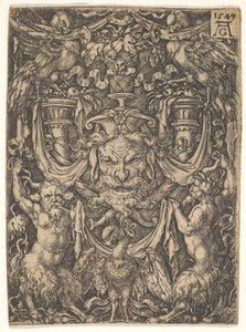 Ornamental design med en mask och en örn mellan två fauner nedan, 1549. av Heinrich Aldegrever