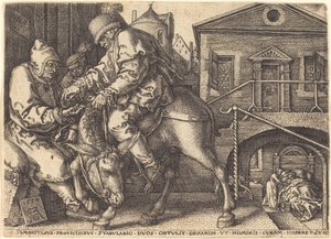 Den barmhärtige samariten betalar för resenärens logi, 1554. av Heinrich Aldegrever