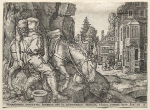 Liknelsen om den barmhärtige samariten: Den barmhärtige samariten sätter resenären på sin åsna, 1554. av Heinrich Aldegrever