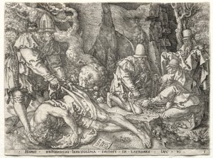 Liknelsen om den barmhärtige samariten: Rånarna attackerar de resenärer, 1554. av Heinrich Aldegrever