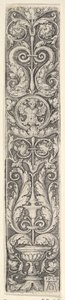 Vertikal panel med en kandelaber innehållande en medaljong med en kentaur och ett par Dolp..., 1529. av Heinrich Aldegrever