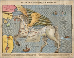 Ca. 1581 bildkarta av Heinrich Bünting, föreställande Asien som Pegasus
