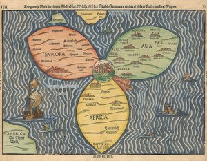 Tre kontinenter i världen som en shamrock, med Jerusalem i centrum. 1581