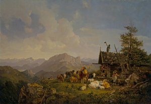 Landskap I Oberbayen Med Herdar Och Deras Boskap Vilar Vid En Koja
