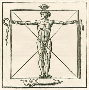 Man på en fyrkant omgiven av symboler för ögat, orm, sjusektionsstav och sköld. Gravyr från Heinrich Cornelius Agrippa von Nettesheim (1486-1535) De occulta philosophia libri tres (Three B av Heinrich Cornelius Agrippa von Nettesheim