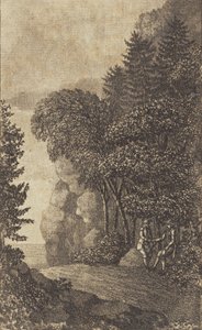 Landskap med stenar och stora träd, t.h. två män av Heinrich Grosch
